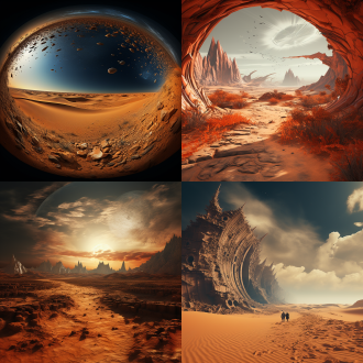 沙丘星球橙红沙海，巨型沙虫阴影覆盖，香料散发荧光，三分法构图，冷色调，鱼眼镜头，逆光，神秘氛围。