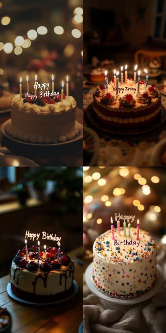 生日蛋糕插蜡烛，“生日快乐”字样，居中构图，温馨房间，暖黄调，微距镜头，顶光，柔和氛围，期待神情。