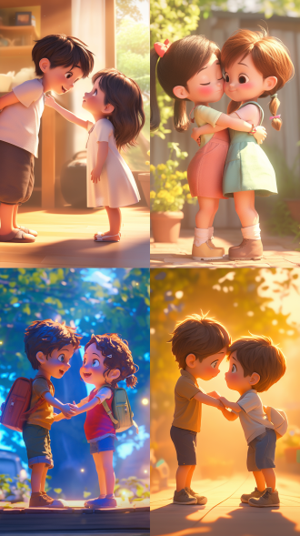 两个小朋友正面打招呼，可爱萌系，高清晰度，电影级质感，迪士尼画风，3d渲染，卡通渲染，高饱和度，大胆3d漫画，可爱风格，卡通风格，3d效果，温馨氛围，柔和光线，鲜艳色彩，立体感，动态捕捉，迪士尼，虚化，全身，虚化。