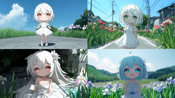 白色渐变双马尾少女着白蕾丝裙，发丝裙摆飘动，春日青色虹膜，顶侧逆光，冷暖配色，二次元赛璐璐风，8k超清，大师级细节。