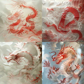 剪纸龙，精细线条，中国风，红白相间，空中飞舞，长镜头，柔和光线，动态捕捉，神秘，优雅。