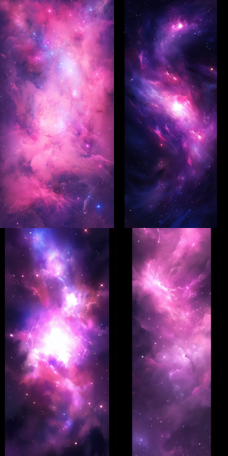 玫瑰星云，梦幻，中心对称，柔和光晕，宇宙深处，长曝光，星光闪烁，粉色与紫色渐变，神秘，宁静。