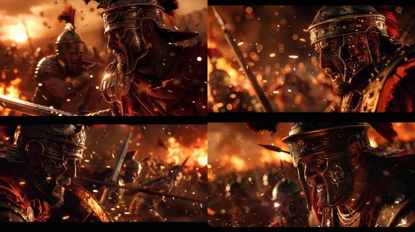 罗马军团士兵与蛮族搏杀，全景视角，手持罗马短剑，动态对峙，古战场，冷色调，长焦镜头，逆光，高速快门，肌肉线条，紧张情绪。 全景