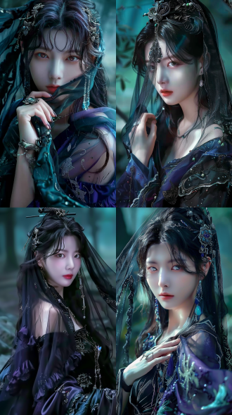 妖女，神秘面纱，半遮面，冷艳眼神，黑色长袍，暗夜森林，哥特风格，超广角镜头，低角度，逆光，高对比度，暗色调，神秘感，诱惑，危险。
