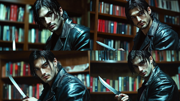 黑皮衣年轻齐肩黑长发男人在书架前看着自己手里的刀