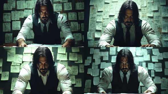 外国男人特写，40岁，齐肩黑长发，胡渣，白种人，瘦长脸，黑色皮风衣