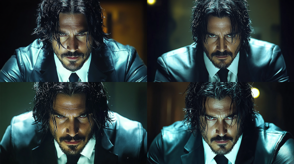 外国男人特写，40岁，齐肩黑长发，胡渣，白种人，瘦长脸，相貌英俊，黑色皮风衣