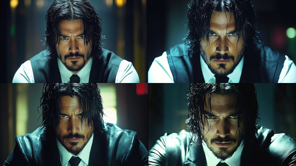 外国男人特写，30岁，齐肩黑长发，胡渣，白种人，瘦长脸，相貌英俊，黑色皮风衣