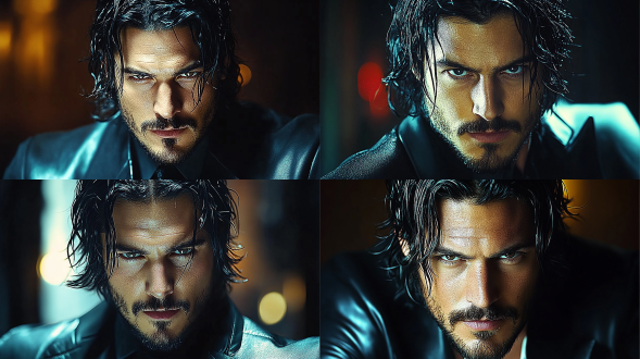 外国男人特写，30岁，齐肩黑长发，胡渣，白种人，瘦长脸，相貌英俊，黑色皮风衣