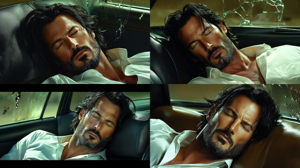 男人痛苦的倒在车驾驶坐上昏睡，车侧面窗上有弹孔