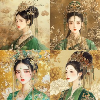 花朵和金色植物抽象艺术为背景，一位清朝格格，穿绿旗装，精美旗头，戴精致首饰步摇，手绘线稿