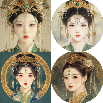 明朝皇后点翠 珠宝 黄金 发冠，圆润的脸型，精美的蓝色瞳孔，双眼皮，长睫毛，明代珍珠妆，刺绣服饰，精美画面平面插画作品