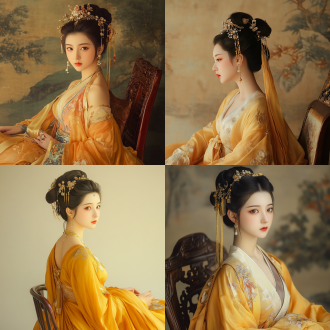 一位唐朝贵妃，唐朝盘头发型，精美发钗，各种珠宝点缀，姜黄色金丝纱裙，简约背景，精美妆容，浮雕感，手绘效果，侧身坐在贵妃椅上，微微一小倾城容颜