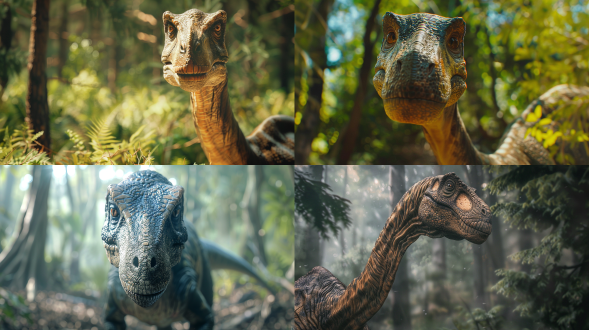 腕龙正面照，自然光，近距离，现实主义风格，温和表情，真实感，欢乐情绪，高分辨率，细节丰富，柔和光线，广角镜头，自然环境，真实色彩，动态平衡。