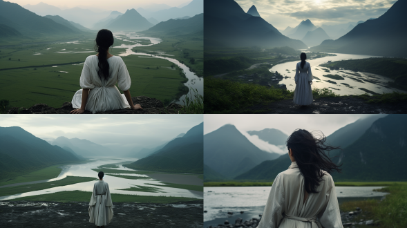 film stil,filmed by zhang yimou,photography of 1beautiful chinese ancient girl,wearing white cotton jacket,river,gazingat the distant valley,background is snow mountain,rainy,long shot,wide shot,from back,high angleshot,bird view,cinematic light,highcontrast,shadow,ligh anddark,8k,ultra details