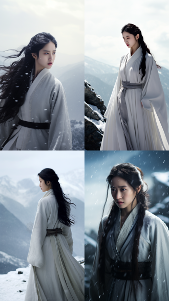filmstill,filmedby zhang yimou,photography of 1beautiful chineseancient girl,liu yifei,wearing whitecottonhanfu,talking withan elder,background is snow mountain,rainy,panoramic vie,full shot,full body,cinematic light,highcontrast,shadow,ligh anddark,8k,ultradetails
