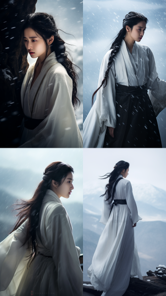filmstill,filmedby zhang yimou,photography of 1beautiful chineseancient girl,liu yifei,wearing whitecottonhanfu,talking withan elder,background is snow mountain,rainy,panoramic view,full shot,full body,cinematic light,highcontrast,shadow,ligh anddark,8k,ultradetails