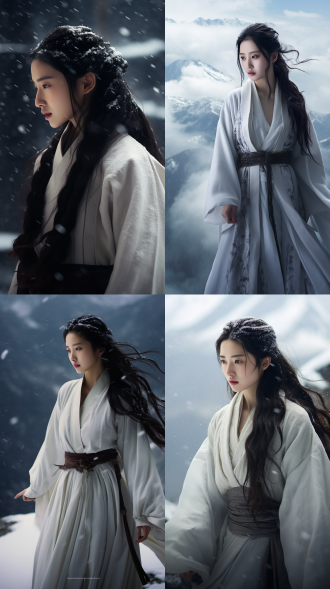 filmstill,filmedby zhang yimou,photography of 1beautiful chineseancient girl,liu yifei,wearing whitecottonhanfu,talking withan elder,background is snow mountain,rainy,panoramic view,full shot,full body,cinematic light,highcontrast,shadow,ligh anddark,8k,ultradetails