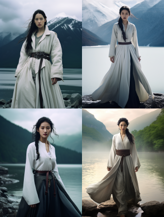 filmstill,filmedby zhangyimou,photography of 1beautiful chinese ancient girl,liu yifei,wearing white cottonjacket,standing near theriver,on therock,background is snow mountain,rainy,panoraa,full shot,full body,view,cinematic light,high contrast,shadow,ligh and dark,8k,ultra details