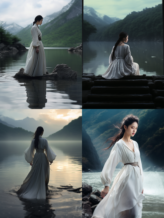 filmstill,filmed by zhangyimou,photography of 1beautiful chinese ancient girl,liu yifei,wearing white cottonhanfu,standingnear the river,on therock,backgroundis snow mountain,rainy,panoraic view,full shot,fullbody,cinematic light,high contrast,shadow,ligh anddark,8k,ultra details