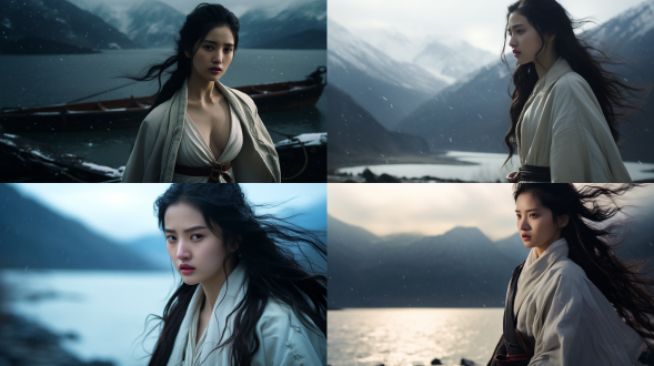 filmstill,filmed by zhang yimou,photography of1beautiful chinese ancient girl,liu yifei,wearing white cottonjacket,standingnear theriver,on therock,background is snow mountain,rainy,panoramic view,cinematiclight,highcontrast,shadow,ligh anddark,8k,ultra details