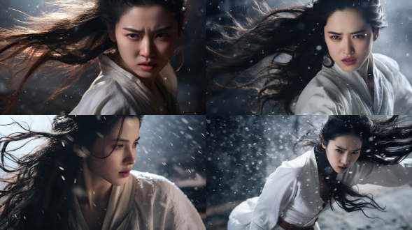 film still,filmed by zhangyimou,photography of 1beautiful chinese ancient girl,liu yifei,wearing white cotton hanfu,fighting,angry,expressed face,background is snow mountain,rainy,medium shot,upper body,cinematic light,high contrast,shadow,ligh and dark,8k,ultra details