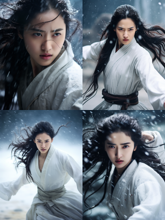 film still,filmed by zhang yimou,photography of 1beautiful chinese ancient girl,liu yifei,wearing white cotton hanfu,fighting,angry,expressed face,background is snow mountain,rainy,medium shot,upper body,cinematic light,high contrast,shadow,ligh and dark,8k,ultra details