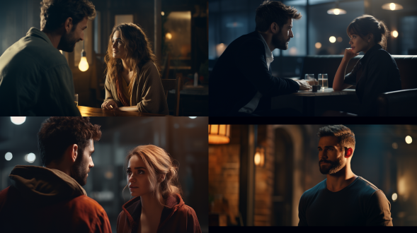 photography of 1 man talking with 1 girl,over the shoulder angle,cinematic light,8k,high quality