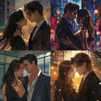 漫画风格，现代都市背景，男女主角相拥，深情对视，女主角长发飘逸，男主角西装革履，浪漫氛围，柔和光线，高分辨率，广角镜头，色彩鲜艳，情感丰富，爱与命运交织。