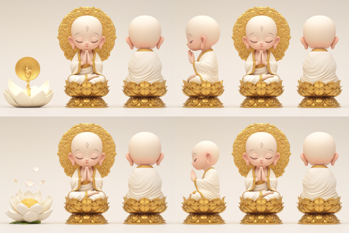 full body,generating three views: front view,side view,and back view,a small buddha in full-body pose, hands folded in prayer, sits on a golden lotus. he has white hair, large eyes, and a compassionate expression. he wears a white robe with gold trim. the background is white, with a 1:1 ratio, soft lighting, and a yellow and white color scheme. rendered in c4d with oc rendering, 8k high definition.