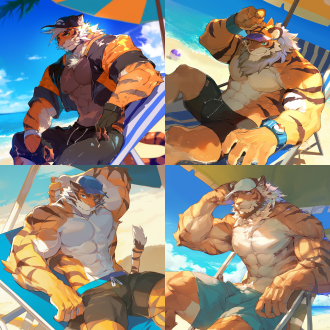 运动肌肉少年，虎头帽，海滩阳光，沙滩椅，近景，高饱和度，逆光，广角镜头，动态姿势，肌肉线条，活力四射。 海滩 全身 宝可梦