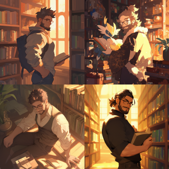 眼镜男孩，书生气息，图书馆内，阳光照射，书架环绕，回眸微笑，胡须点缀，温暖色调，柔和光线，中焦镜头，静谧环境，专注神情，文化氛围。 海滩 全身 宝可梦