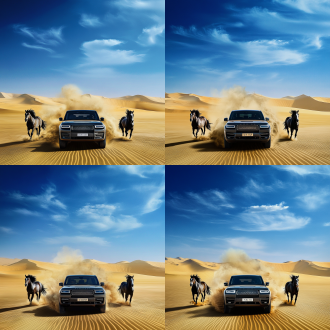 马群在后面追车，浅蓝色天空没有白云，黄色沙漠背景，广角镜头，动态模糊，逆光，高速快门，尘沙飞扬，自由奔放。