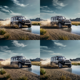 bj40车型，沙漠海湾，湖水小草，尘土飞扬，浅蓝色天空，高分辨率，促销渲染，广角镜头，侧光，动态模糊，沙漠黄，海蓝，力量感，冒险精神，在提示中使用图像1:0.9，保留图像的车型和风格。