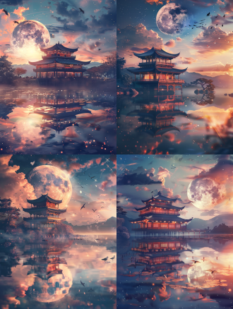 moon,sky,cloud,scenery,star (sky),full moon,architecture,night,bird,starry sky,night sky,east asian architecture,reflection,water,sunset,cloudy sky,building,