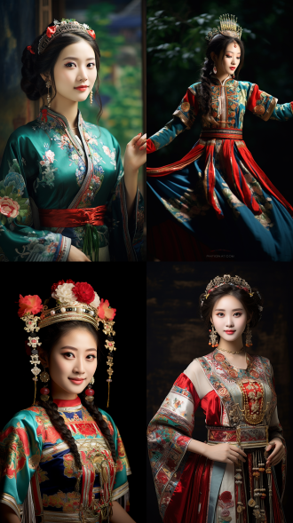 民族服装，中国现代东方美女，中景，全身，半身照，柔和光线，自然姿态，鲜艳色彩，青春少女，愉悦情感，多民族特色，广角镜头，自然环境，高饱和度，正面光，微笑，传统与现代结合，细腻肌肤，优雅动作。