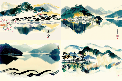 中国水彩风格，超级高清，细腻笔触，淡雅色彩，自然风光，山水相映，水墨晕染，长焦镜头，柔和光线，静谧氛围，宁静致远