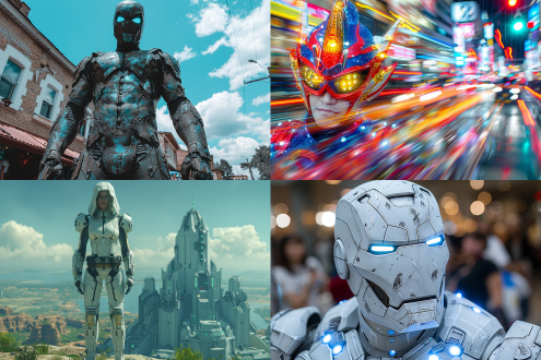 美女变身奥特曼，未来科技感，全身铠甲，英姿飒爽，城市背景，超广角镜头，高光溢出，动态模糊，金属质感，冷色调，坚定眼神。