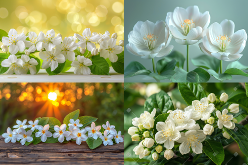 茉莉花盛开，清新自然，花园背景，柔和光线，微距镜头，浅景深，白色花朵，绿叶衬托，宁静，优雅。