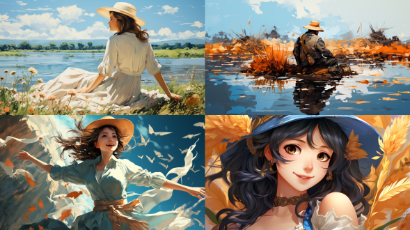 水彩风格，山田水稻，卡通化，柔和色彩，田园风光，远景，广角镜头，自然光，宁静，稻田，微笑农夫，草帽，轻松愉悦。