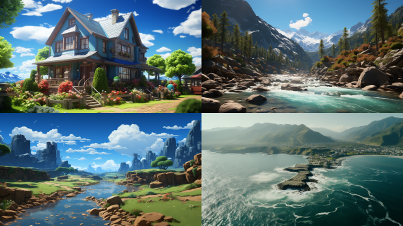 水彩风格，山田水稻，卡通化，柔和色彩，田园风光，远景，广角镜头，自然光，宁静，绿色，温馨。