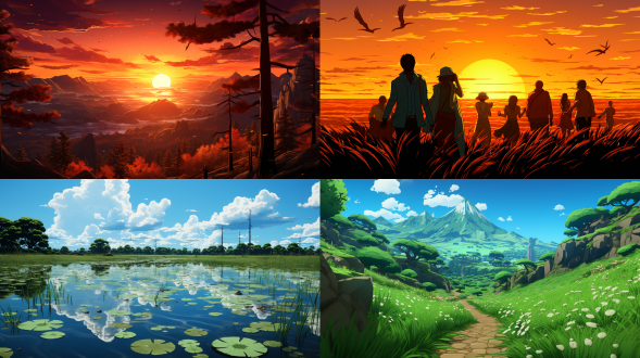 水彩风格，卡通化山田水稻，柔和色彩，田园风光，远景，广角镜头，自然光，宁静，丰收，喜悦。