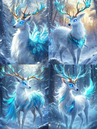 灵幻概念艺术，鹿与孔雀元素融合，蓝眼鹿角，雪林场景，frostbite 3引擎渲染，高细节，冷色调，特写，神秘，空灵 。
