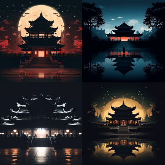 新中式庙宇夜景，剪影风格，极致简约，对称构图，暗背景，长焦镜头，柔和侧光，静谧，神秘。