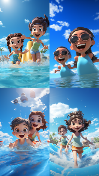 3d卡通两位女孩，泡泡玛特风格，鹅蛋脸，精致脸庞，黑色大眼睛，阳光活泼，马尔代夫，微笑，水里嬉戏，正视图，夏日户外度假氛围，蓝天，白云，大海，椰子树，建筑，柔和光线，细腻纹理，c4d，8k分辨率，对称构图