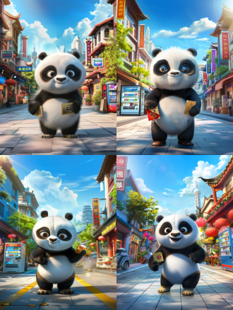 熊猫毛绒绒的，手拿金币和红包，蓝色天空，多彩建筑，路边咖啡店，街道，便利店饮料贩卖机，柔焦，阳光穿透云层纯色背景，3d渲染，超真实渲染，高细节建筑摄影风格，广角镜头，自然光，高饱和度，细节丰富，梦幻氛围，宁静感。