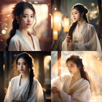 中国女孩，白色汉服，优雅动人，细节追求，8k高清，雾气弥漫，写实风格，金光闪耀，柔和光线，长焦镜头，自然环境，静态美，温暖色调，平静表情。