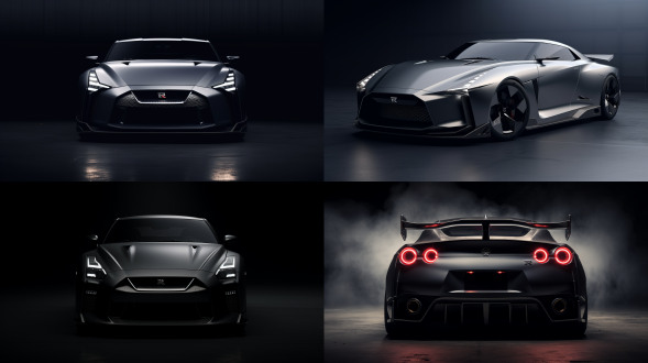 东瀛战神gtr，流线型车身，大尾翼，正面视角，烟雾缭绕，大光圈，流光感，无人机拍摄，自然光线，现代感轮毂，顶级气动设计，大灯亮起，电影质感，16k，高科技仪器，未来感，战斗姿态，极速行驶，黑色金属外壳，蓝色led灯光，烟雾喷射，夜间场景，广角镜头，动感十足，紧张刺激，冷色调，未来科技风格，自信。