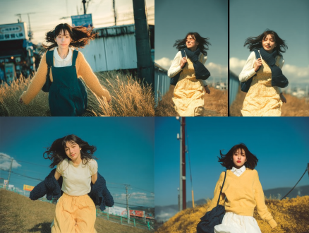 日系胶片风夏日写真，活力少女，构图均衡，户外草地，暖黄调，50mm镜头，侧逆光，奔跑跳跃，清新活力。