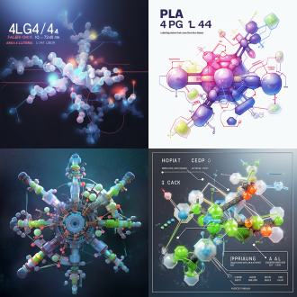 4臂plga分子，中心枢纽，四延伸臂，8氨基酸相互作用，分子结构，化学接枝，箭头标签，键形成，生物医学应用，分子图，实验室设备，诊所背景，高分辨率，细节丰富，科技感，冷色调，微距镜头，顶光，静态展示，精确，专业。